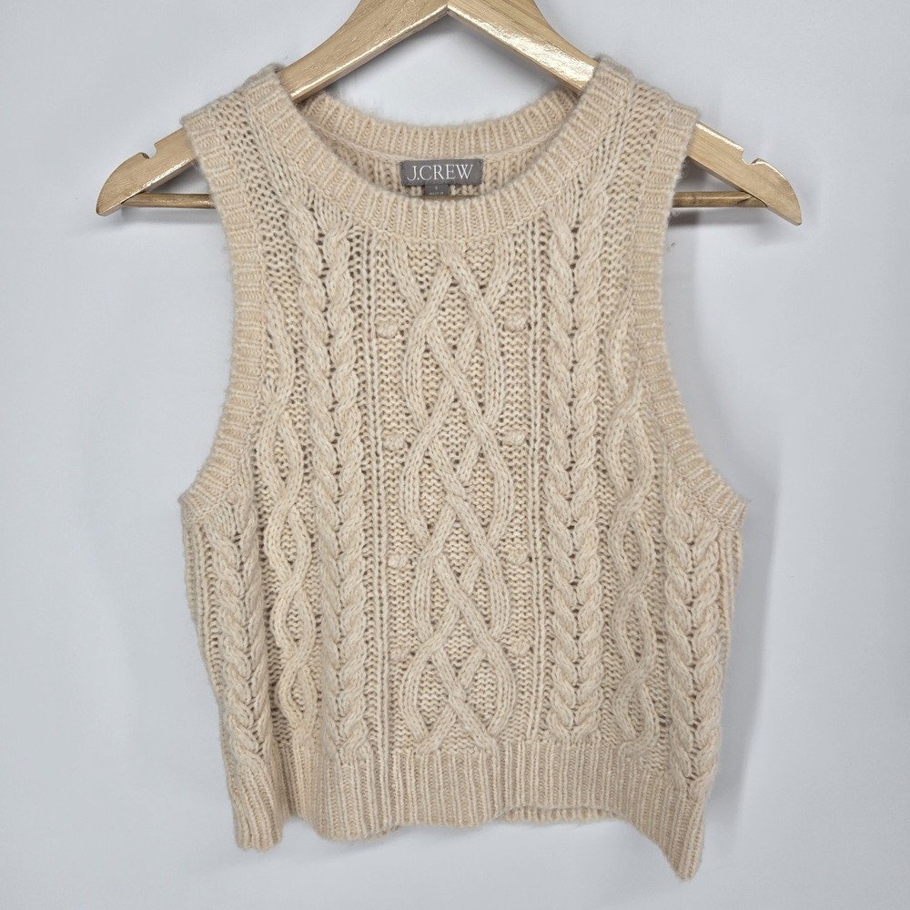 J.Crew Sweater Vest Small Beige Cable Knit Alpaca Wool Blend Sleeveless Pullover